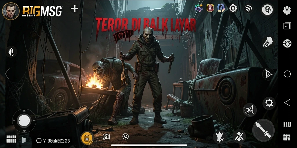 Screenshot gameplay BIGMSG menampilkan momen mencekam saat menjelajahi kegelapan.