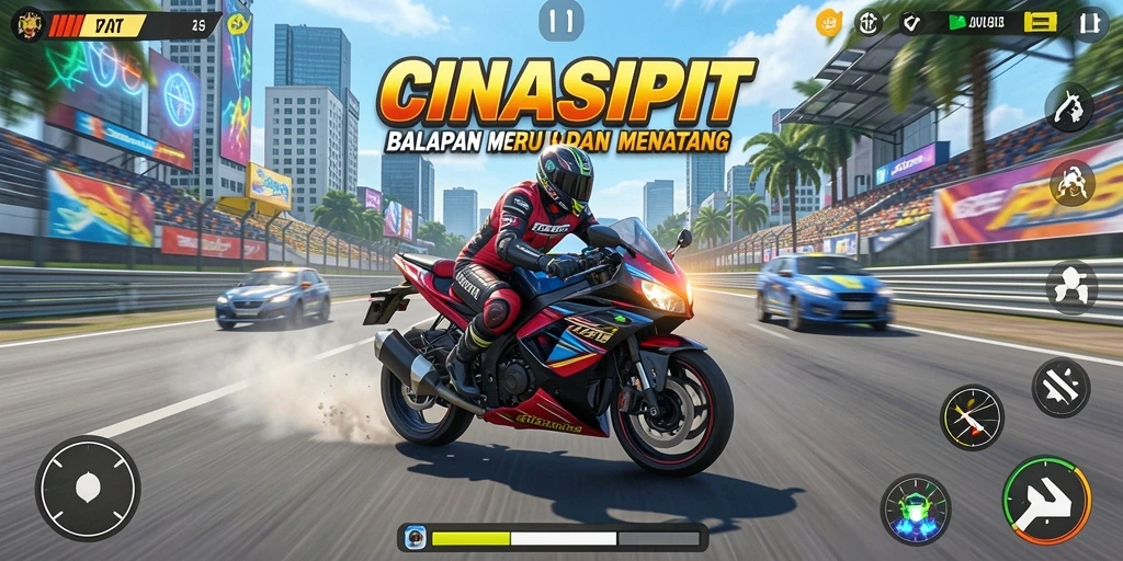 Tampilan gameplay CINASIPIT yang menegangkan saat balapan motor.