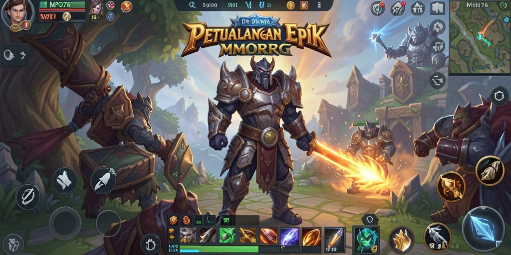 Screenshot MPO76 menampilkan pertarungan epik dalam dunia fantasi.