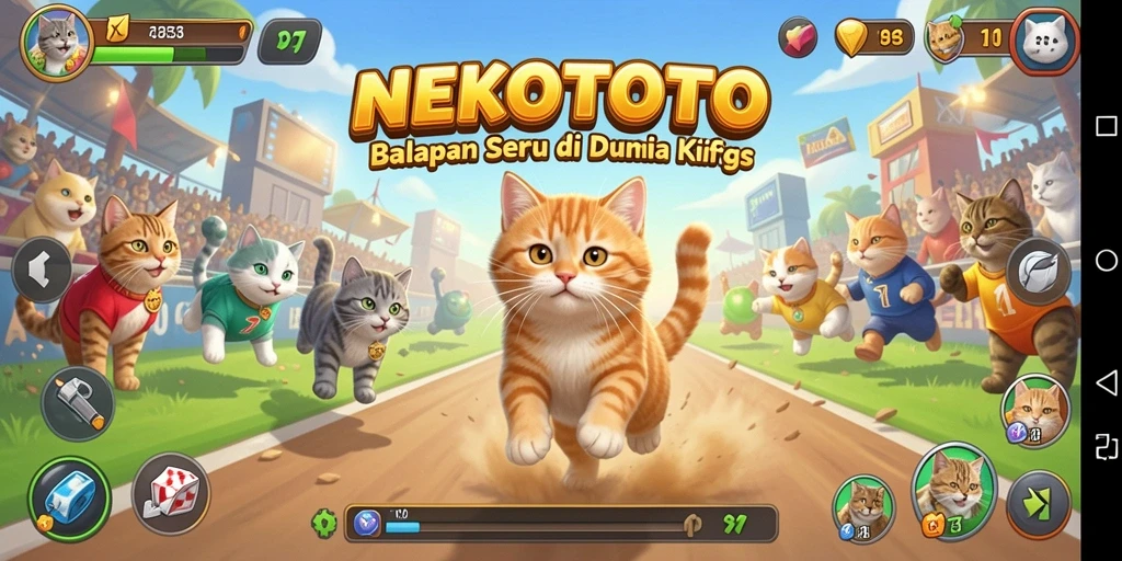 Screenshot menampilkan aksi seru NEKOTOTO dengan kucing balap.