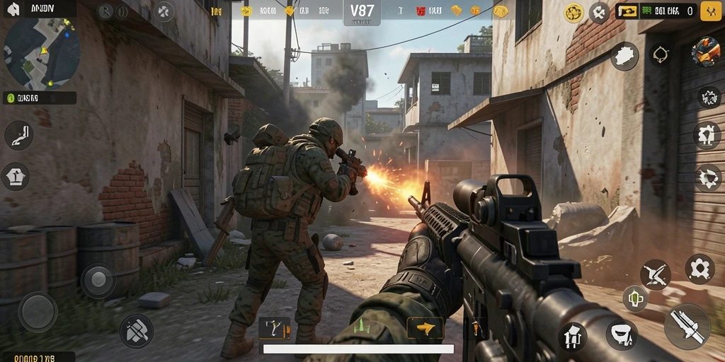Tampilan seru dari gameplay <strong>V87</strong> dalam pertempuran FPS yang mendebarkan.